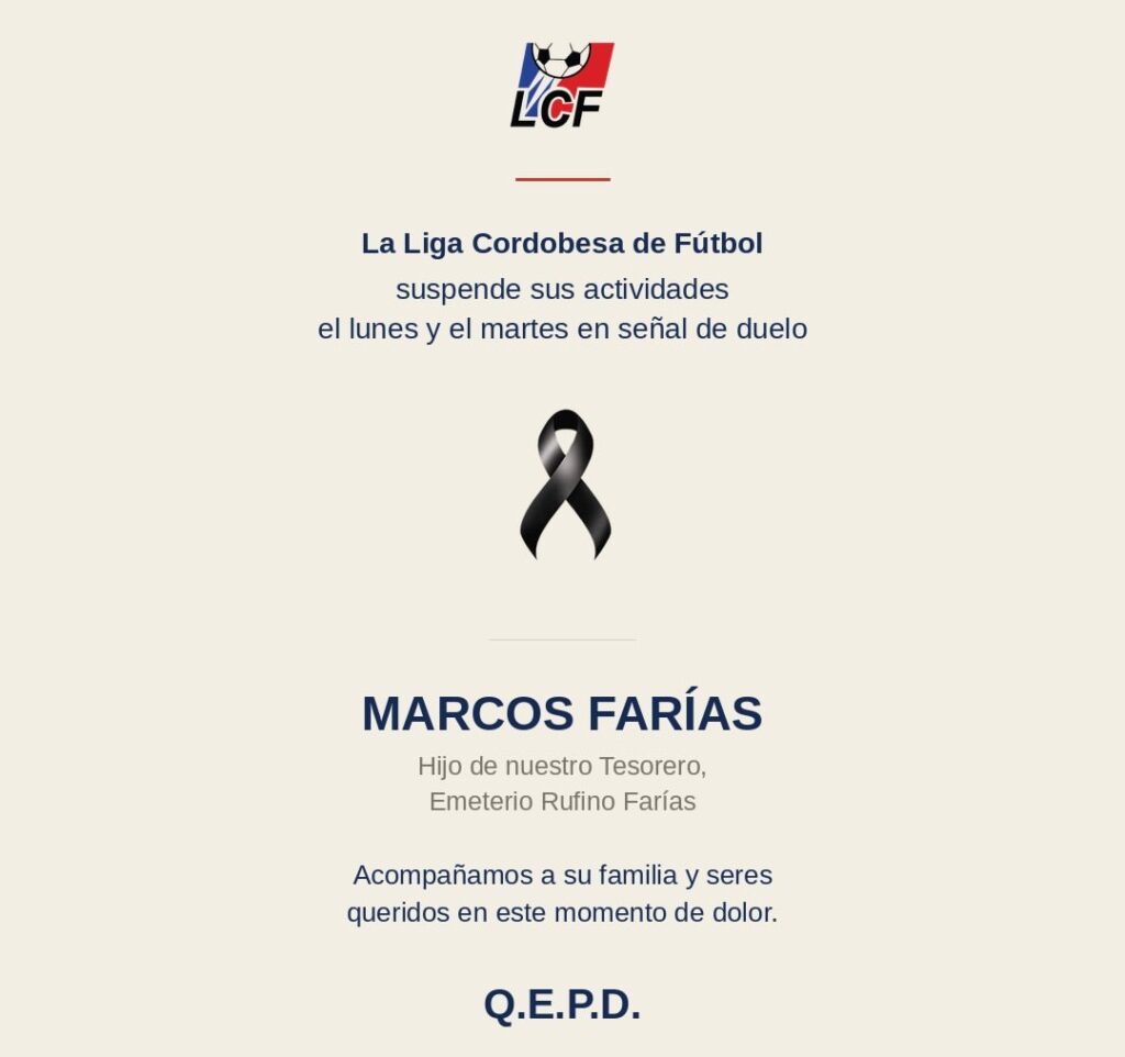 La Liga Cordobesa de Fútbol suspende sus actividades el lunes y el martes por duelo